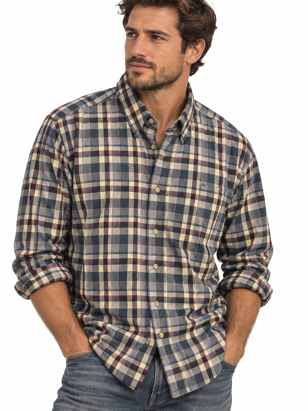 Pendleton Men’s Yellow Navy Plaid Wool Button-Down Shirt